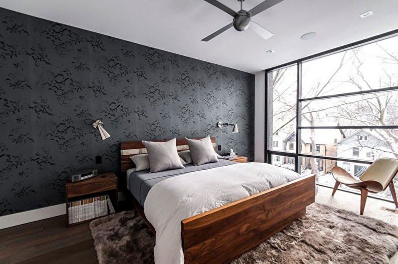 Pelēkas tapetes guļamistabā - interjera dizaina foto