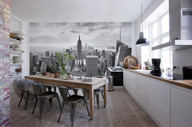 Papier peint gris dans la cuisine - Photo d'architecture d'intérieur