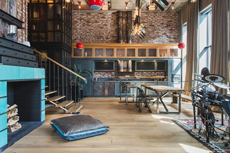 Niebieska kuchnia w stylu loftu - architektura wnętrz