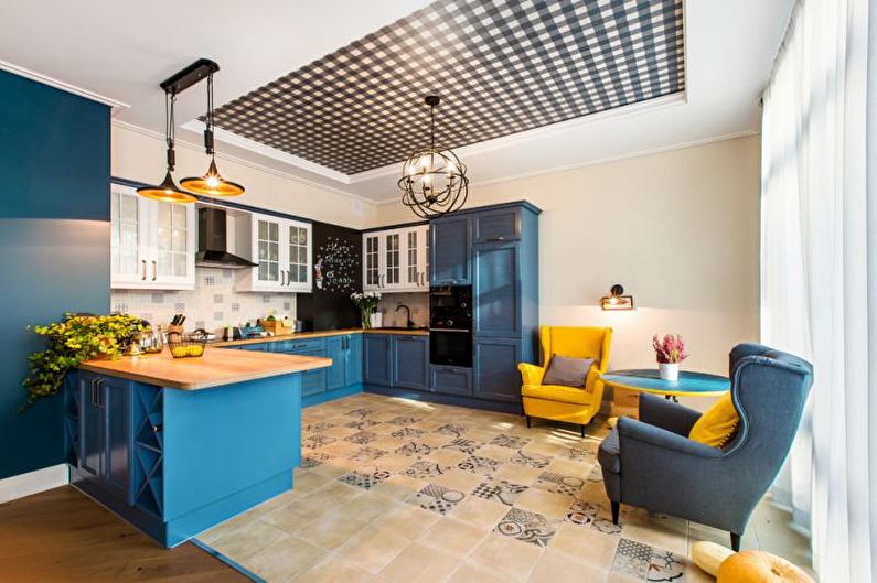 Virtuves dizains zilā krāsā - grīdas apdare