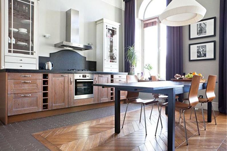 Virtuves dizains zilā krāsā - grīdas apdare