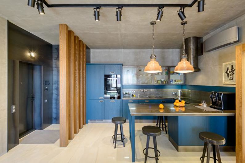 Mėlynos virtuvės dizainas - apšvietimas