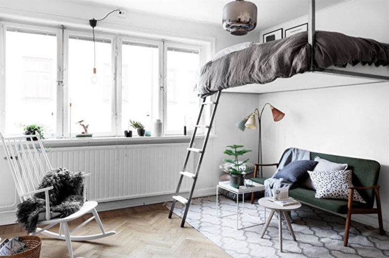 Ang disenyo ng isang silid na apartment na 33 sq.m. - Loft bed