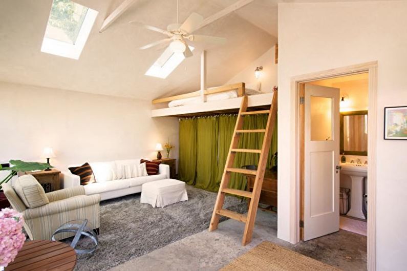 Dizajn jednosobnog stana 33 m² - Krevet na potkrovlju