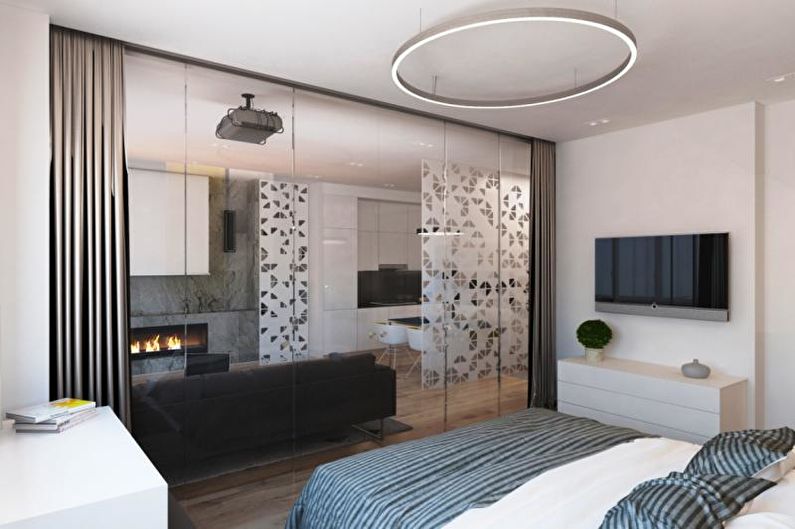 Miegamasis-svetainė - vieno kambario buto dizainas 33 kv.m.