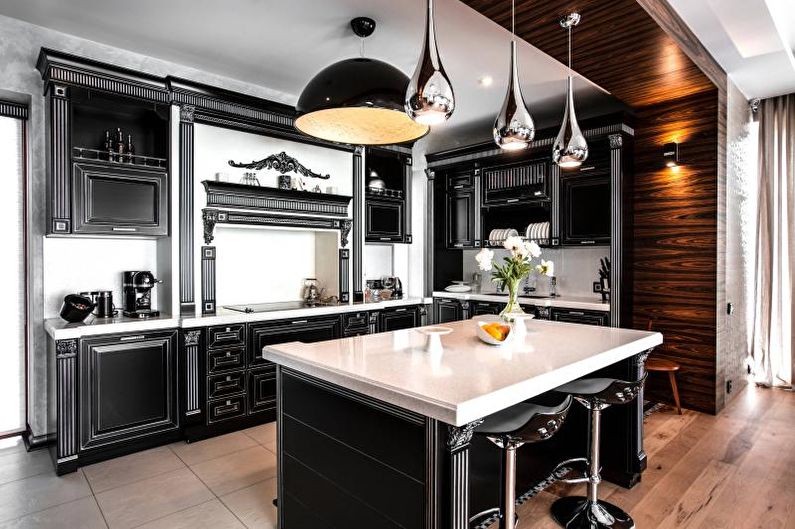 Melnbalta virtuve klasiskā stilā - interjera dizains