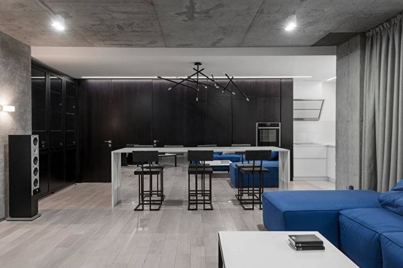 Черно-бяла кухня в таванско помещение - Интериорен дизайн