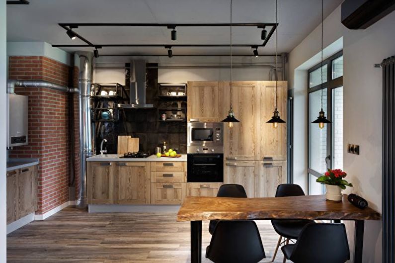 Fekete-fehér tetőtéri stílusú konyha - belsőépítészet