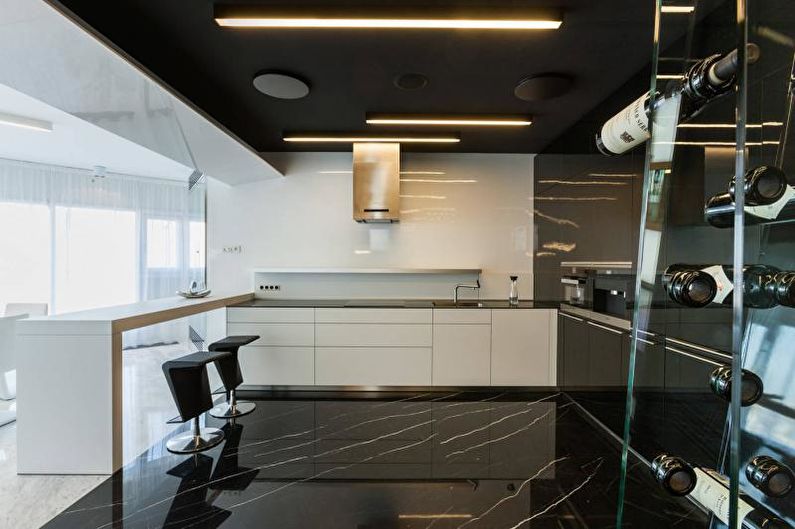 Черно-бял дизайн на кухнята - завършеност на пода