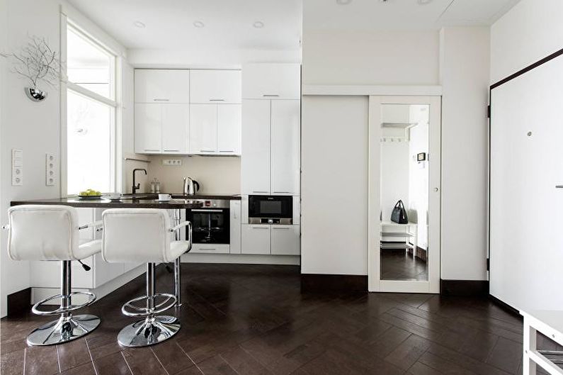 Черно-бял дизайн на кухнята - завършеност на пода