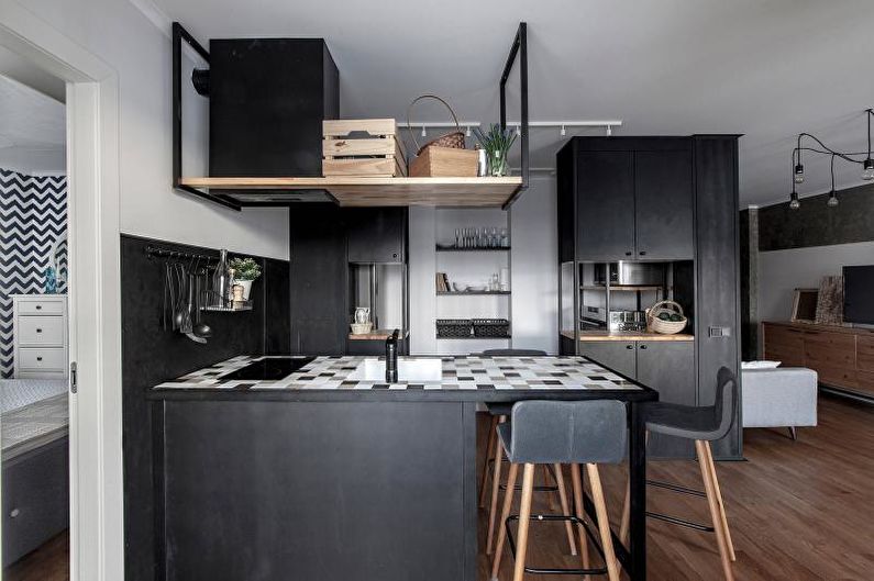 Reka bentuk dalaman dapur hitam dan putih - foto