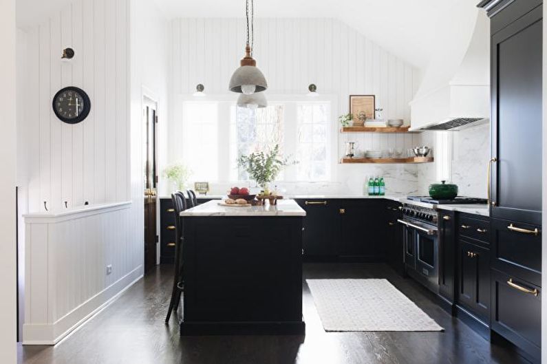 Черно-бял интериорен дизайн на кухнята - снимка