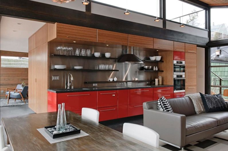 Czerwona kuchnia w stylu loftu - architektura wnętrz