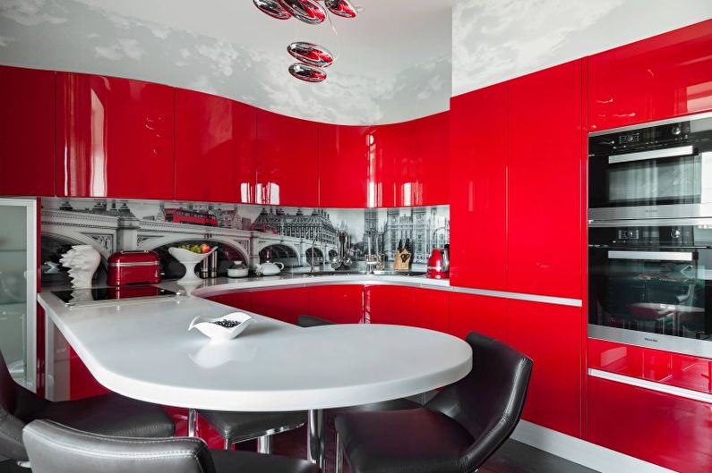 Virtuves dizains sarkanās krāsās - mēbeles