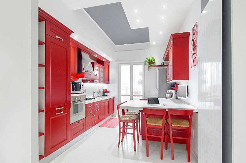 Virtuves dizains sarkanās krāsās - dekors un apgaismojums