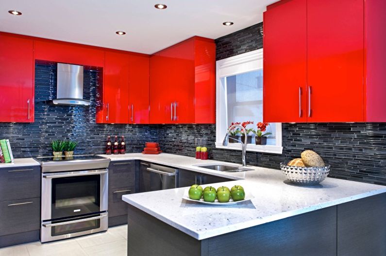 Kitchen interior design in red - photo