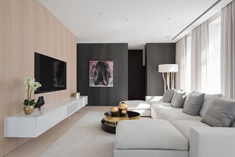 Dzīvojamā istaba - dzīvokļa dizains minimālisma stilā