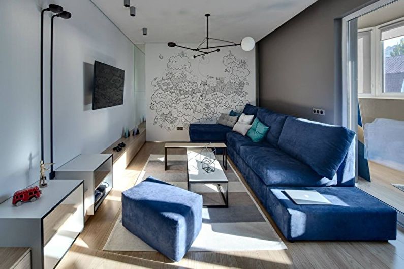 Dzīvojamā istaba - dzīvokļa dizains minimālisma stilā