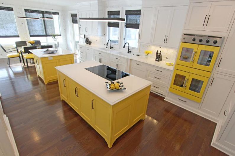 Dzeltenas krāsas virtuves dizains - grīdas apdare