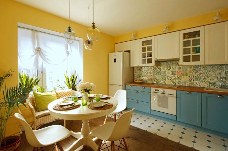 Geltonos virtuvės dizainas - grindų apdaila