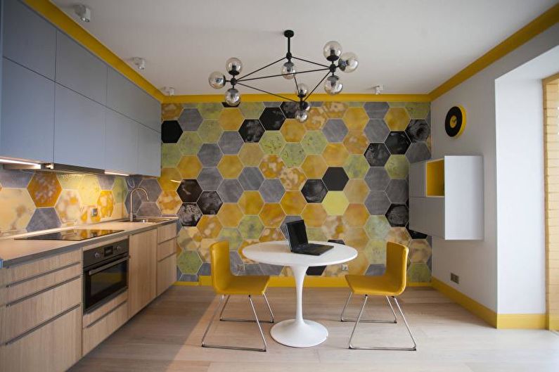 Dzeltenās virtuves dizains - sienu dekorēšana