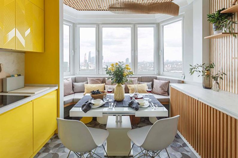 Dzeltenās virtuves dizains - mēbeles