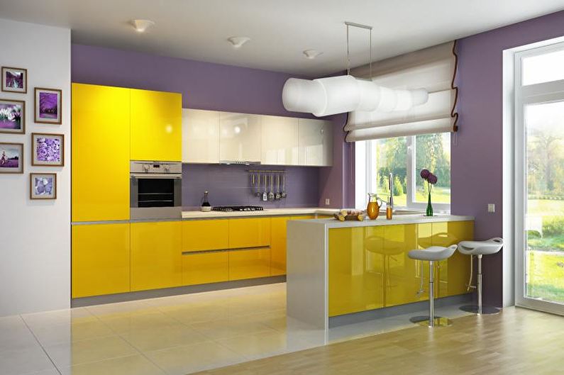 Reka bentuk dalaman dapur berwarna kuning - foto