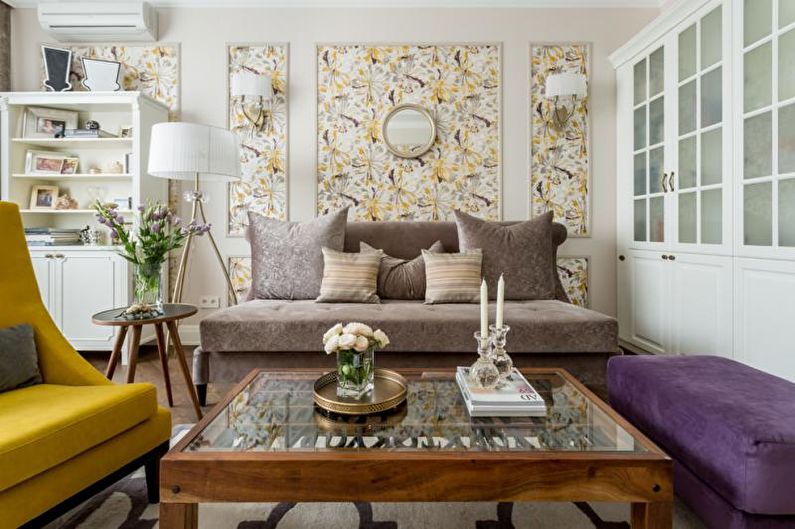 Kombinace tapety v obývacím pokoji: 70 fotografických nápadů