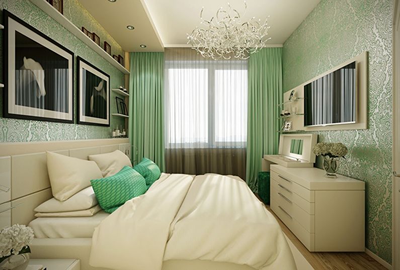Grønt soveværelse i Khrushchev - interiørdesign