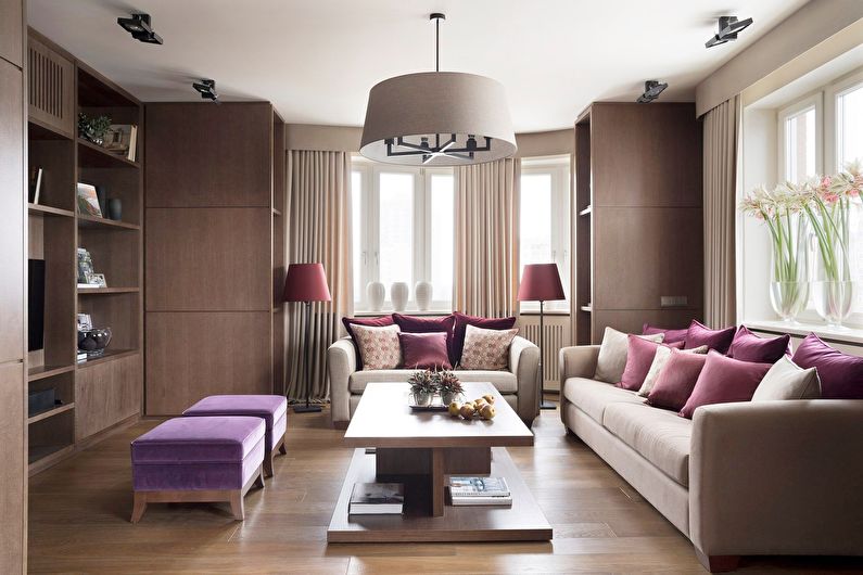 Dzīvojamās istabas dizains 18 kv.m. mūsdienu stilā