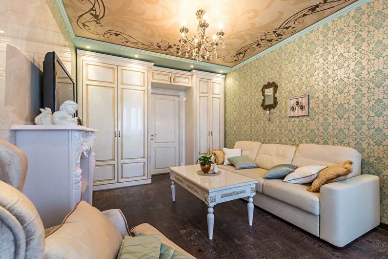 Dzīvojamās istabas dizains 18 kv.m. klasiskā stilā