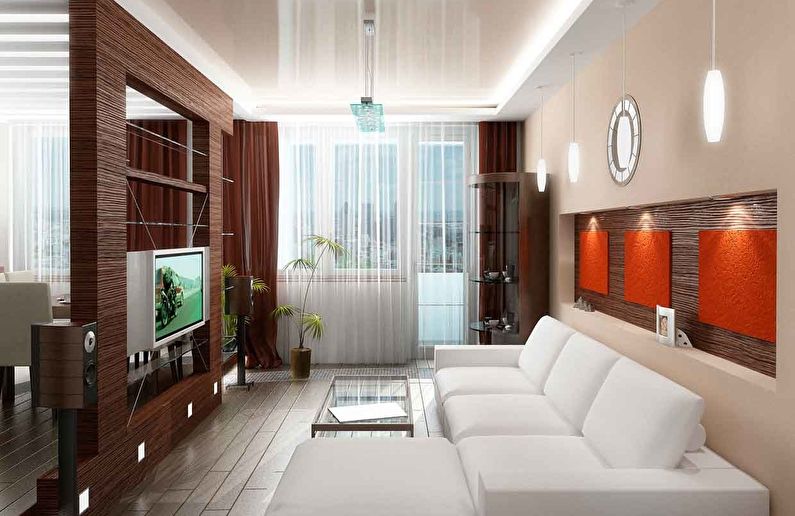Dzīvojamās istabas dizains 18 kv.m. - apgaismojums un fona apgaismojums
