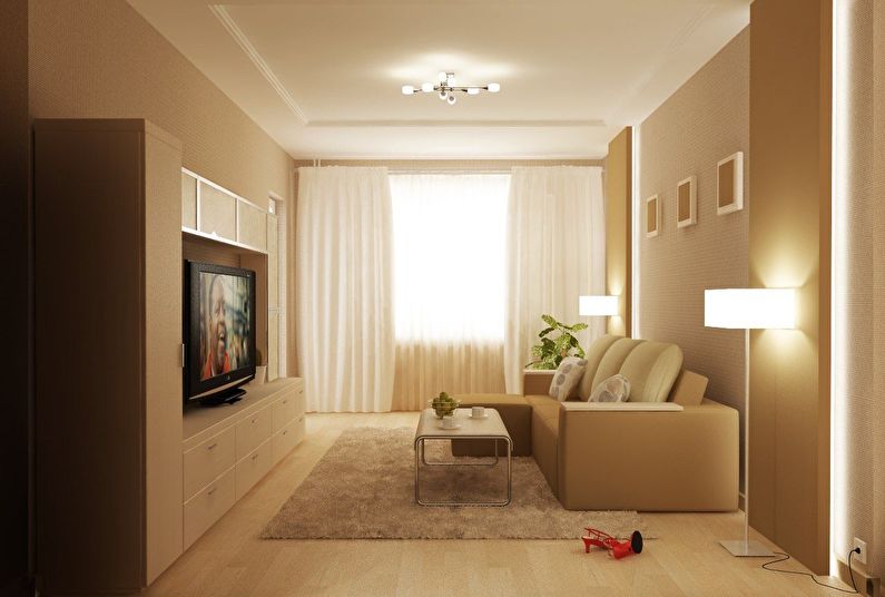 Dzīvojamās istabas dizains 18 kv.m. - apgaismojums un fona apgaismojums