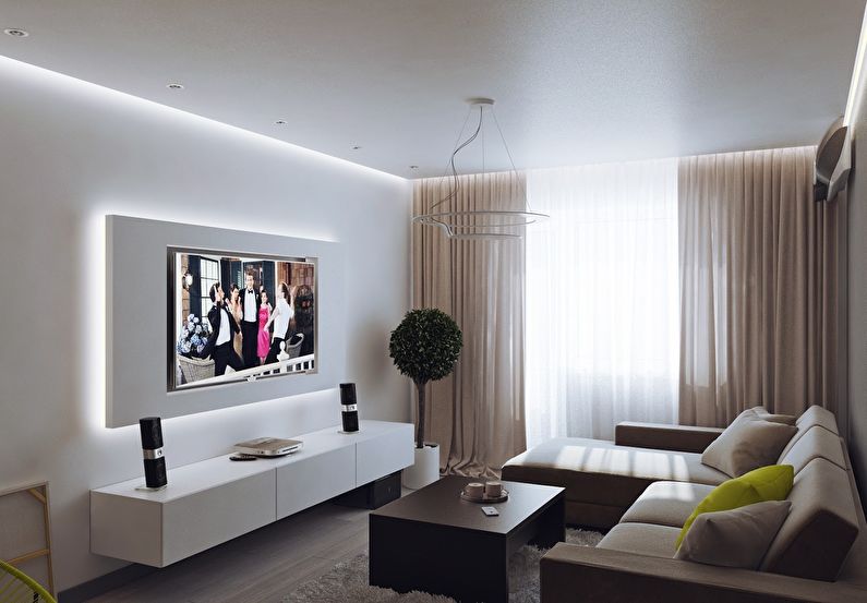 Dzīvojamās istabas interjera dizains ir 18 kv.m. - Foto