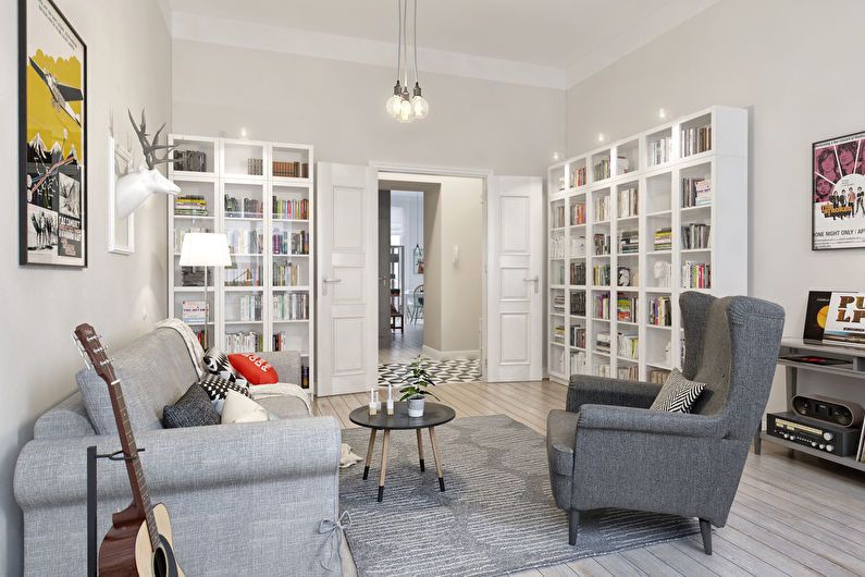 Projeto da sala de estar 20 m² em estilo escandinavo