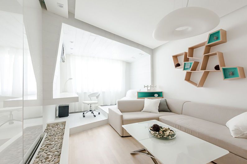 Dzīvojamās istabas dizains 20 kv.m. minimālisma stils