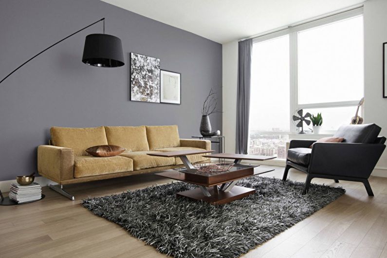 Diseño de sala de estar 20 m2. en gris