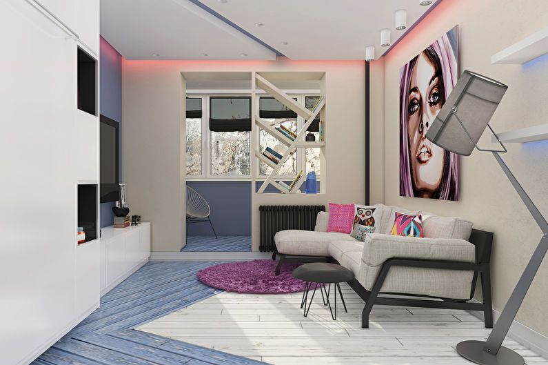 Pop-art stiliaus vieno kambario buto dizainas