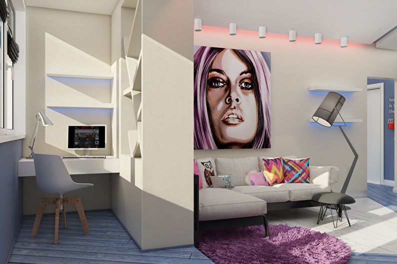 Vienistabas dzīvokļa dizains pop mākslas stilā