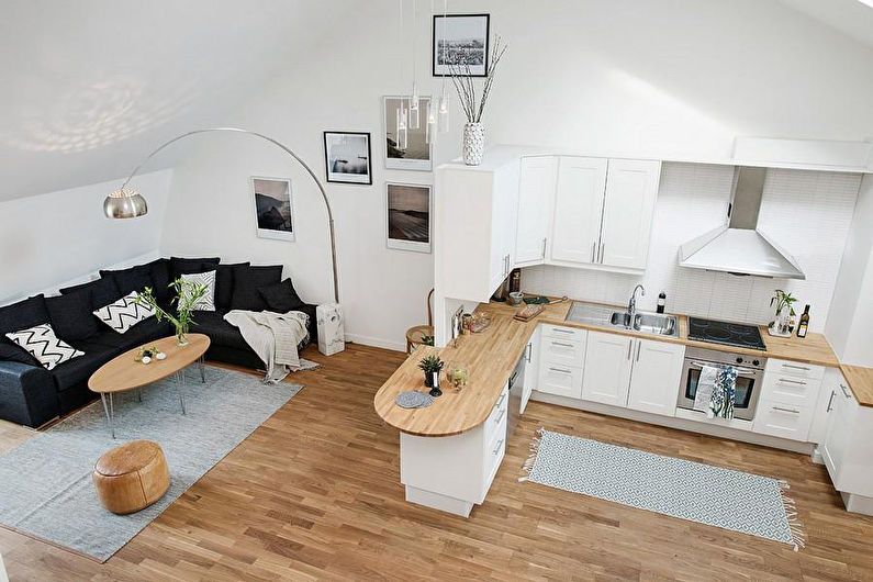 Virtuves-dzīvojamās istabas dizains studijas tipa dzīvoklī