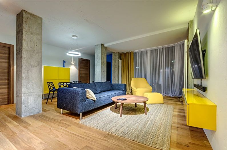 Minimālisma dzeltenā viesistaba - interjera dizains