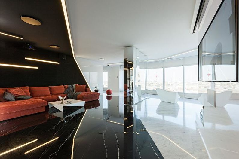 Dzīvojamā istaba - augsto tehnoloģiju stila dzīvokļa dizains