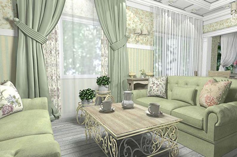 Zaļa dzīvojamā istaba Provence stilā - Interjera dizains