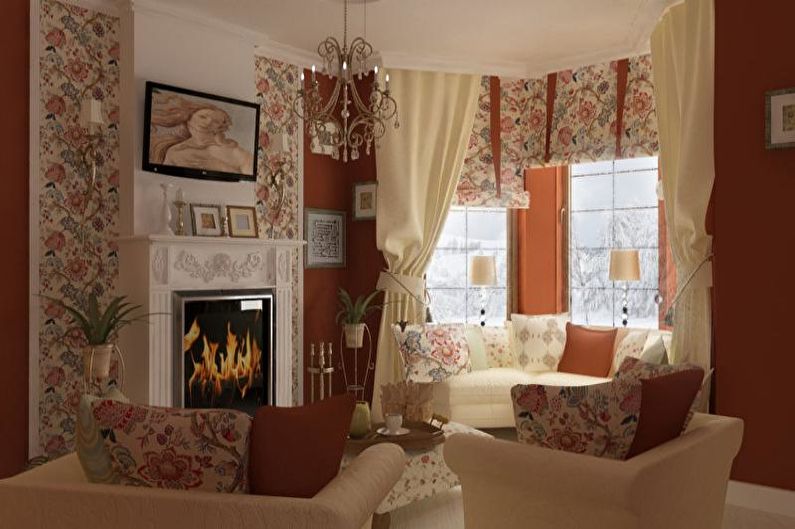 Ruang tamu dalam gaya Provence dengan warna terang - Reka Bentuk Dalaman