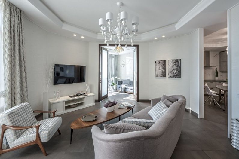 Bílý obývací pokoj v moderním stylu - interiérový design