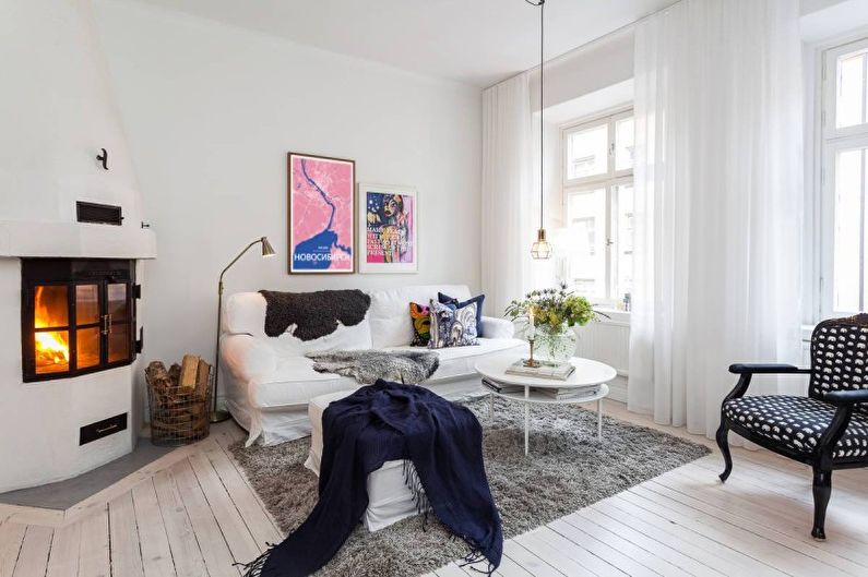 Bílý obývací pokoj ve skandinávském stylu - interiérový design