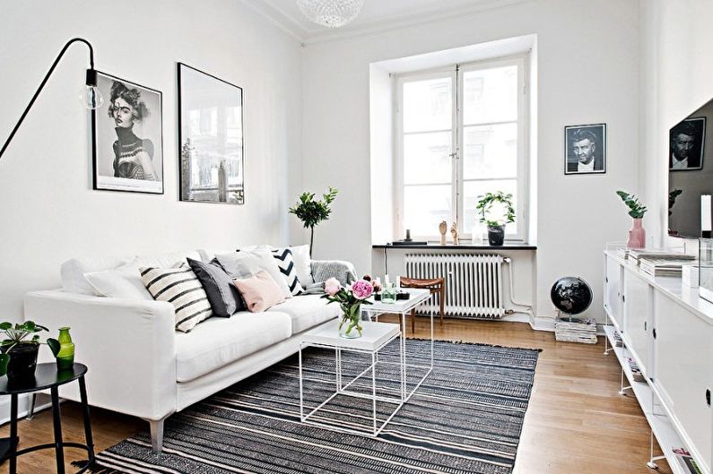Cameră de zi albă în stil scandinav - design interior