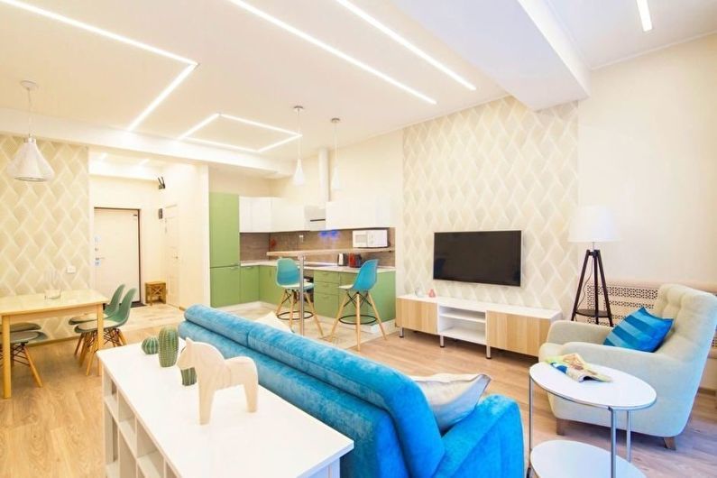 Design bílého obývacího pokoje - výzdoba a osvětlení