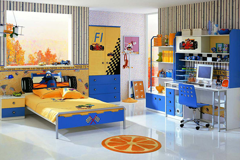 Proiectează o cameră pentru copii pentru un băiat într-un stil modern