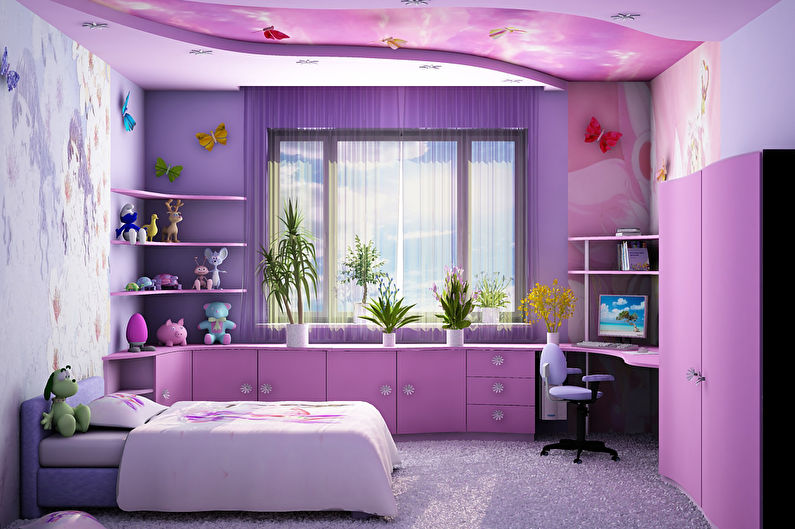 Bilik kanak-kanak ungu untuk seorang gadis - Reka Bentuk Dalaman